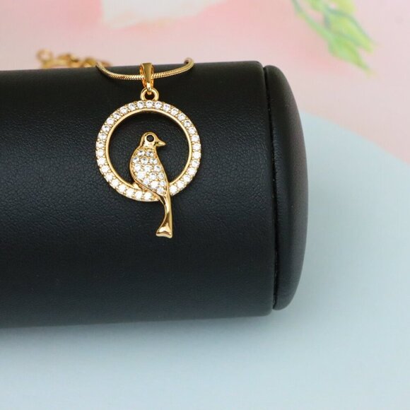 "Rose Gold Bird Pendant with Sparkling Crystals in Circular Frame, XPPT1525 - Picture 4 of 13